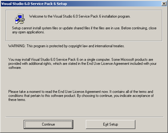 Visual Studio 6.0 Service Pack 6 welcome page